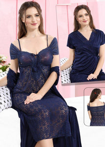 Night Dress & Half Sleeves Robe Set in Blue- Net
